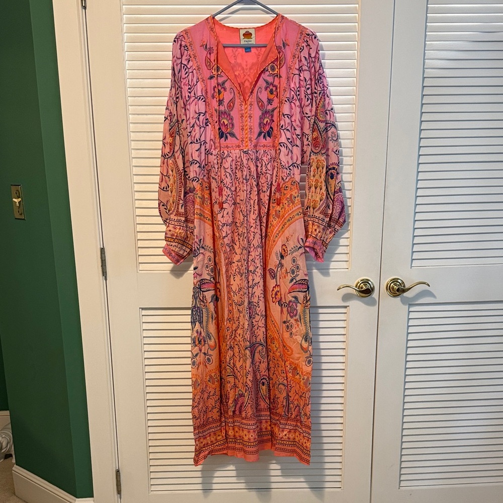 FARM Rio Vibrant Pink and Orange Long Sleeve Dress NWOT